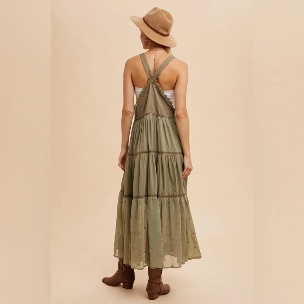 643. Olive green embroidered tiered skirtall lace maxi dress - Picture 3 of 5